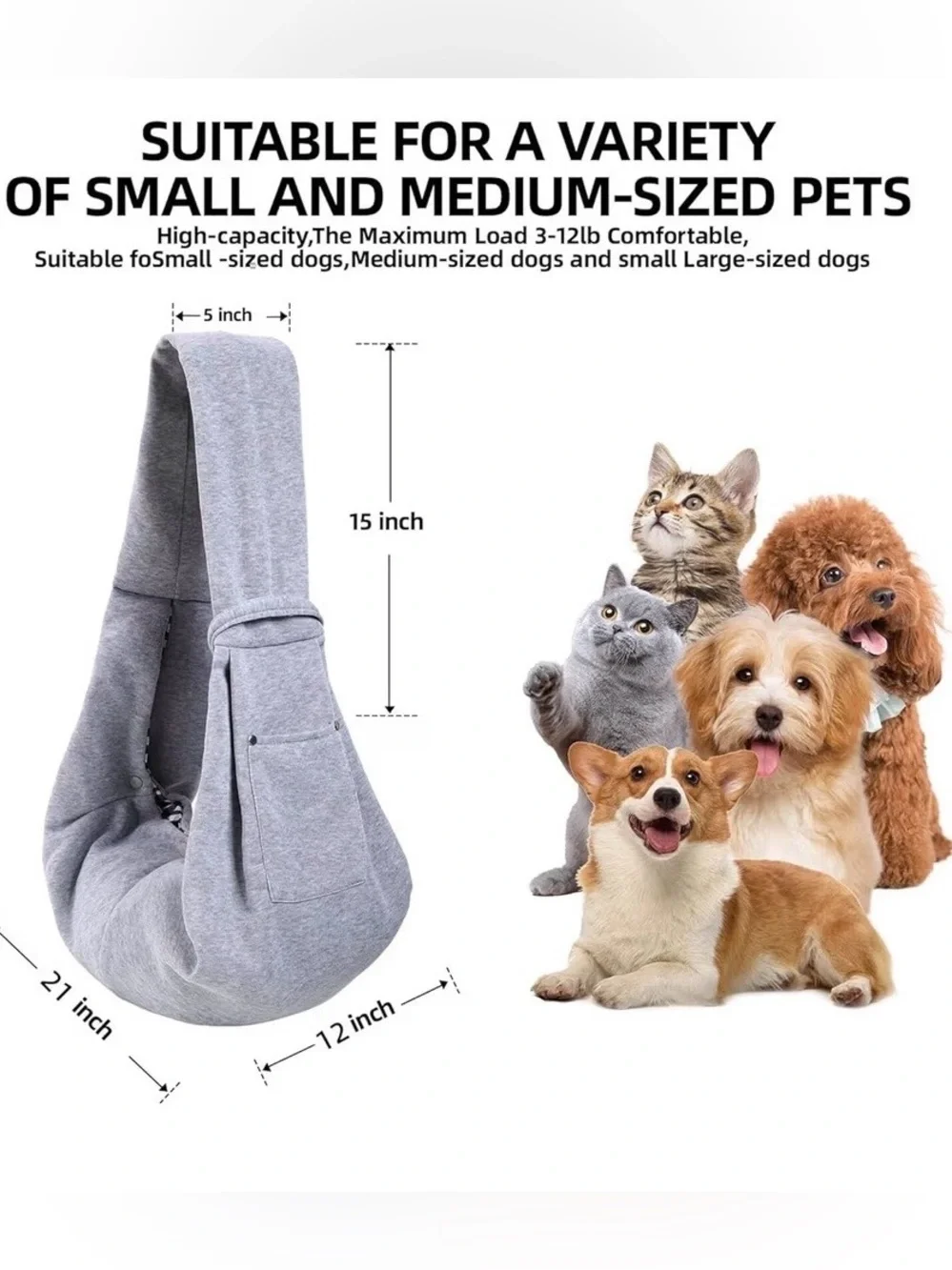 Gray Pet Sling Carrier - Comfortable Hands-Free Small Pet Sling